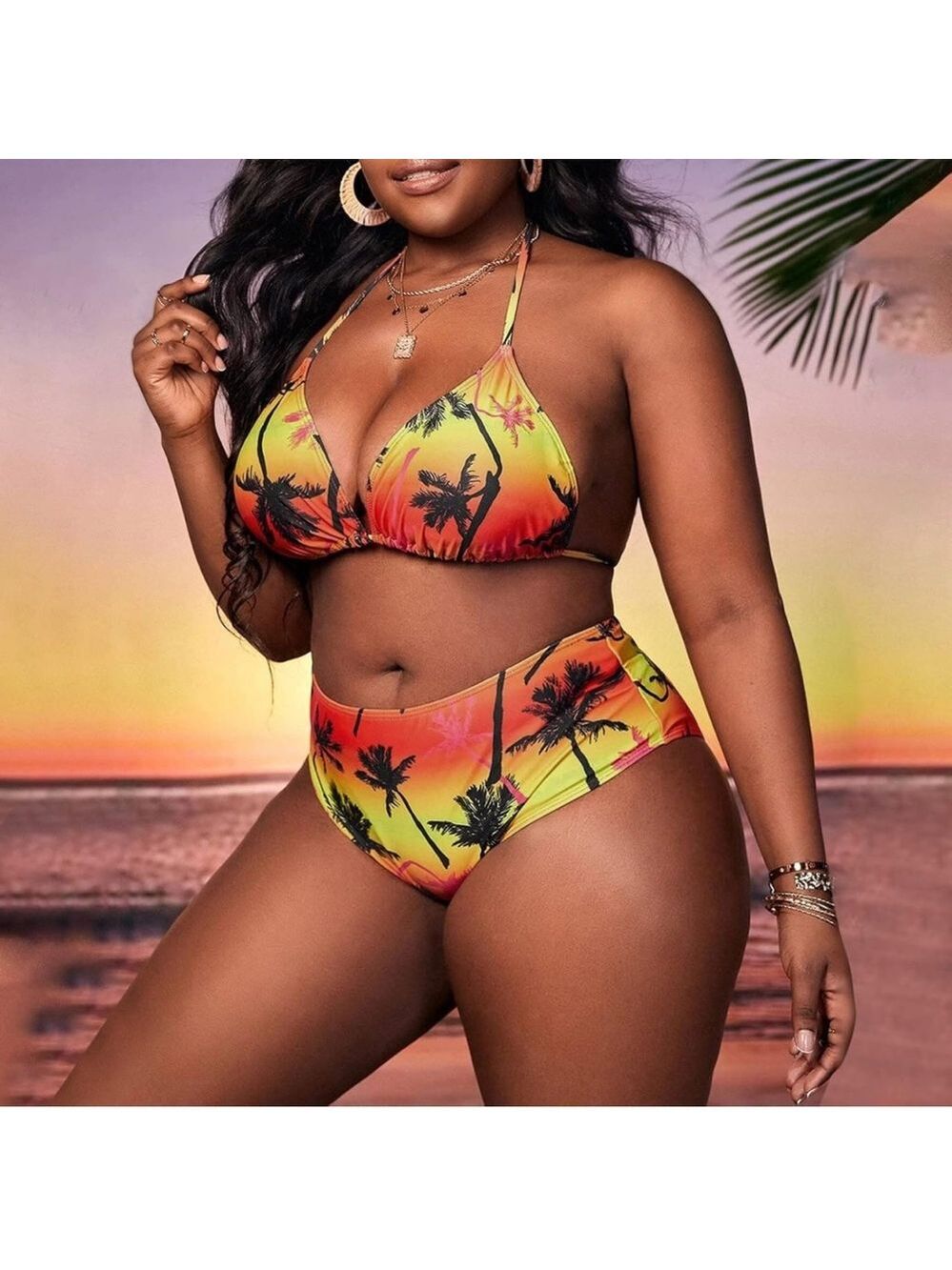 3pc Plus Size Tropical Print Halter Triangle Bikini Set with Cover Up - Picture 3 of 14